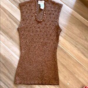 Cache Stretch Bronze Metallic Beaded Ribbed Sleeveless V-Neck Knit Top XS